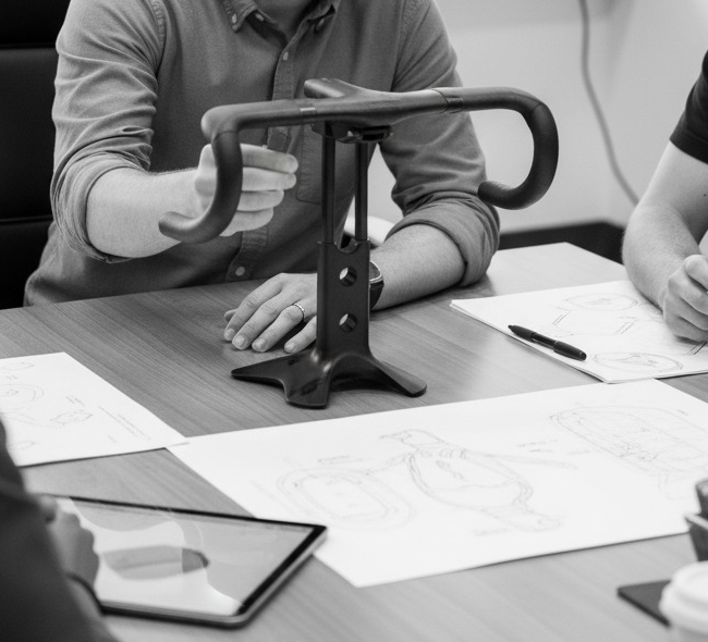 Andy Brooke in a product design meeting reviewing handlebar prototypes and sketches
