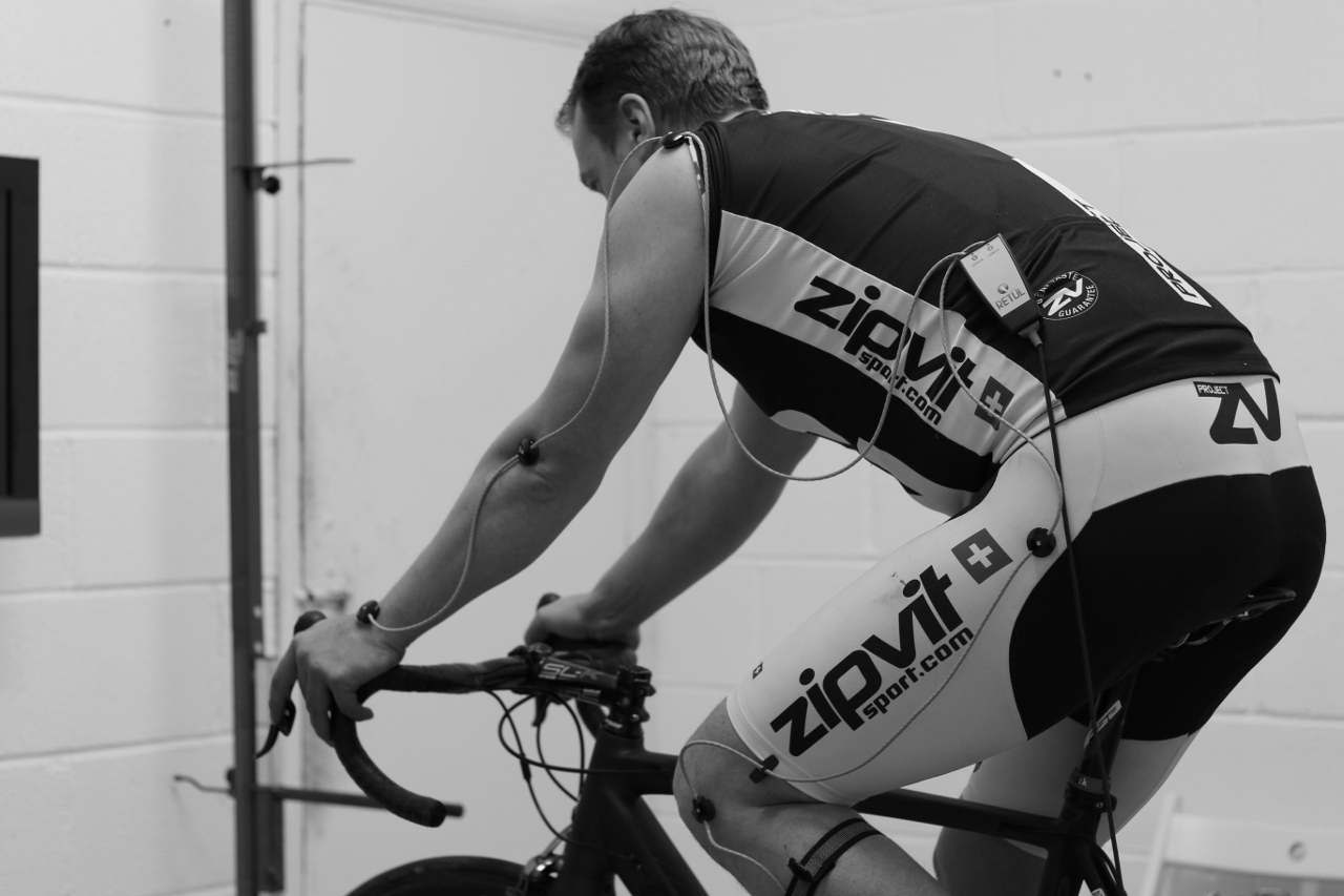 Aero-position bike fitting session with motion-capture markers at Andy Brooke's Valencia studio